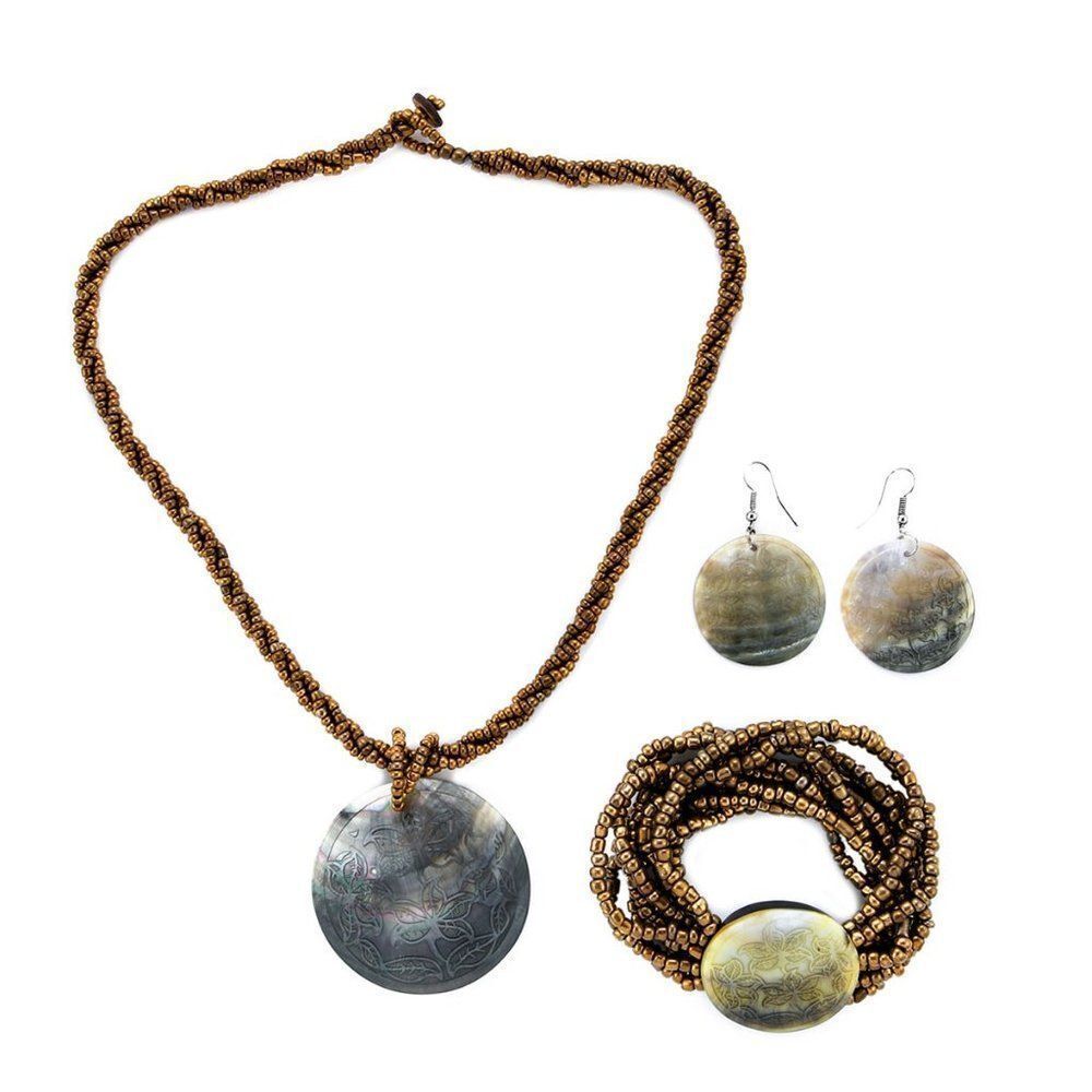 Carved Shell Seed Bead Pendant Necklace